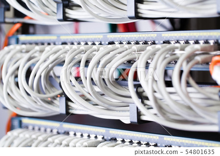 Gigabit network switch and perfect aligned patch cables in datacenter 54801635