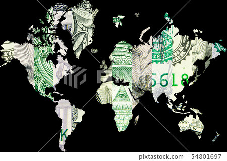 double exposure with world map and american dollar 54801697