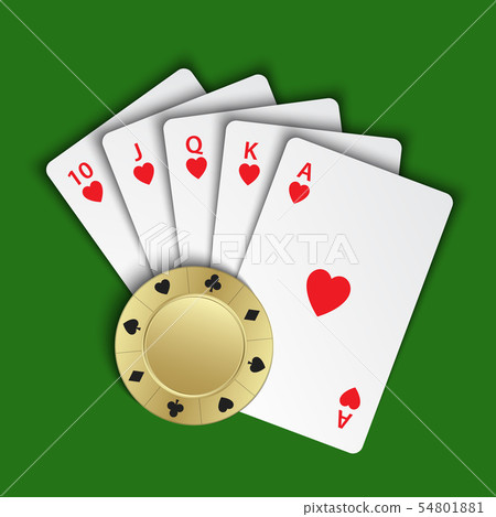 A royal flush of hearts with gold poker chip 54801881