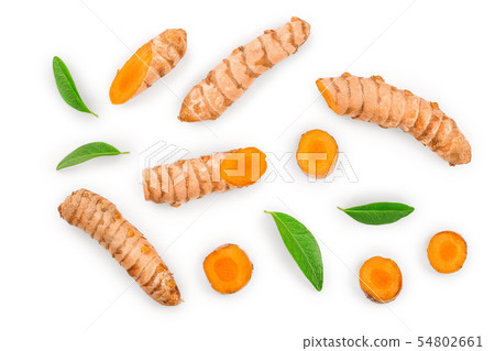Turmeric root and slice isolated on white background. Top view. Flat lay 54802661