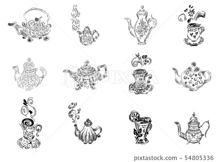 Retro line art teapot and teacup set isolated on 54805336