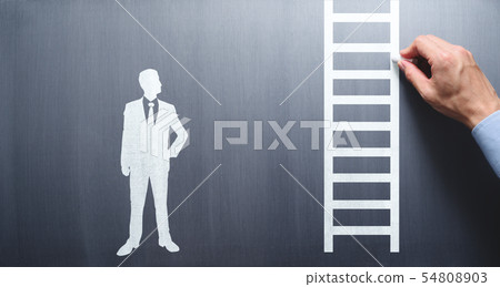 An image that gives advice for growth. Draw a silhouette of a businessman looking at it with a lion on a blackboard. 54808903