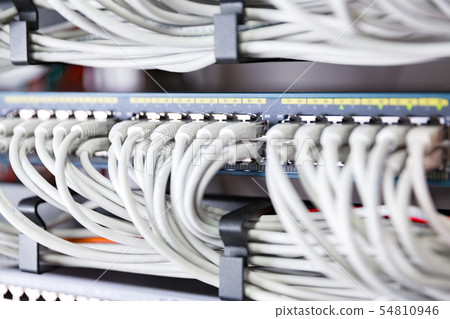 Highspeed network switch and perfect aligned patch cables in datacenter Highspeed network switch and perfect aligned patch cables in datacenter 54810946