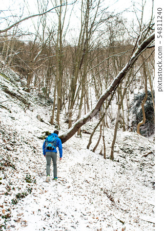 Winter Man hiking trekking in white forest. Travel recreation fitness and healthy lifestyle in 54811240