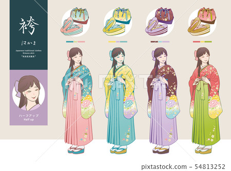 A vector illustration set of a woman in a hakama and sandals/pouch 54813252