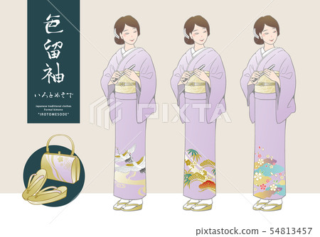 矢量插圖集的婦女與彩色袖袖和鞋包（淺紫色基地和服） 54813457