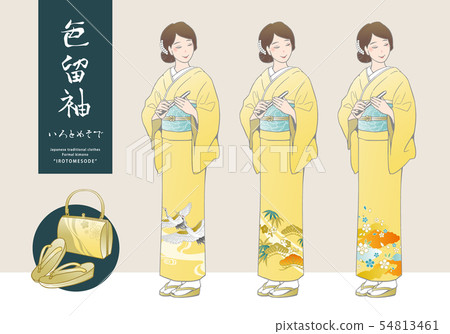 A vector illustration set of women with a colored sleeved sleeves and a footwear bag (yellow base kimono) 54813461