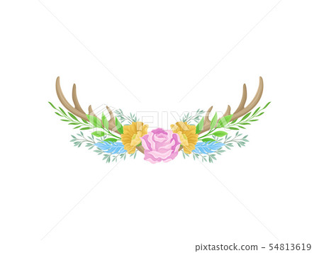 Compositions of large flowers, horns, feathers and leaves. Vector illustration on white background. 54813619