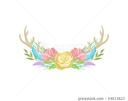 Compositions of yellow roses, beige antlers, feathers and leaves. Vector illustration on white 54813621