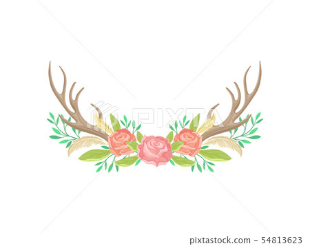 Compositions of roses, horns, feathers and green leaves. Vector illustration on white background. 54813623