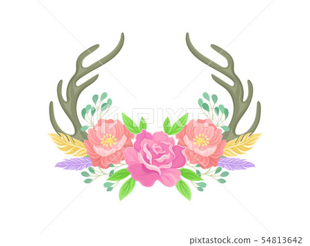 Compositions of pink flowers, gray antlers, feathers and leaves. Vector illustration on white 54813642
