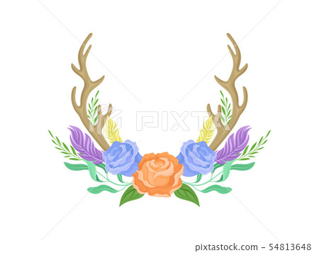 Compositions of orange and blue roses, tall horns, feathers and leaves. Vector illustration on white 54813648