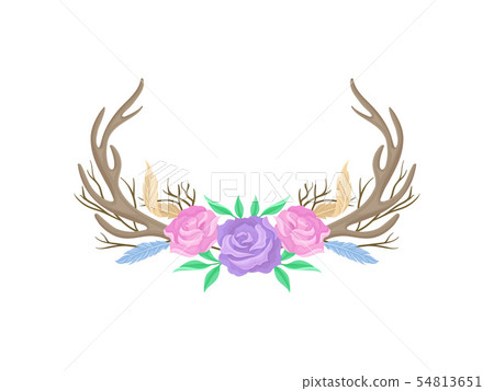 Compositions of pink and purple roses, horns, feathers and twigs. Vector illustration on white 54813651