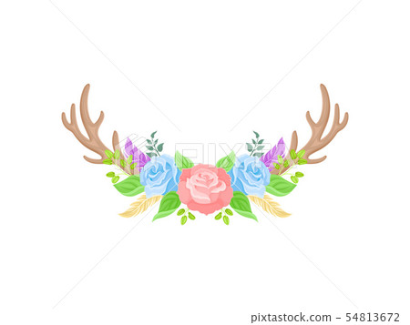 Compositions of pink and blue roses, brown deer horns and green leaves. Vector illustration on white 54813672
