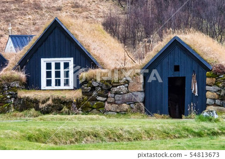 Typical view of Icelandic houses in the Skogar village in Iceland, Europe. 54813673