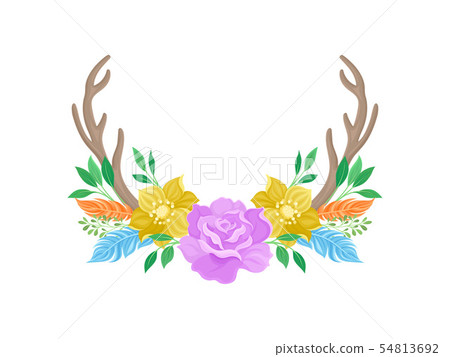 Compositions of purple roses, orange flowers,deer horns, feathers and leaves. Vector illustration on 54813692