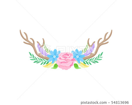 Compositions of pink roses, blue flowers, brown horns, feathers and leaves. Vector illustration on 54813696