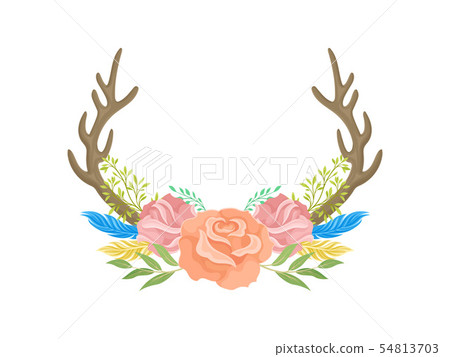 Compositions of pink flowers, brown horns, feathers and leaves. Vector illustration on white 54813703
