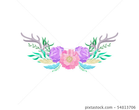 Compositions of pink flowers, violet horns and feathers. Vector illustration on white background. 54813706