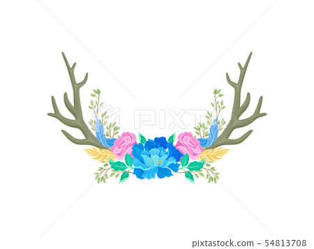 Compositions of blue and pink flowers, horns and feathers. Vector illustration on white background. 54813708