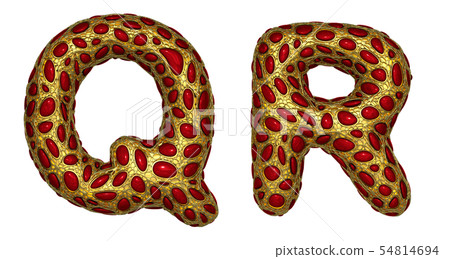 Letter set Q, R made of realistic 3d render golden shining metallic. 54814694