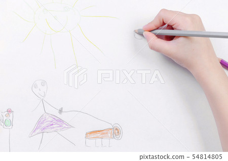 child drawing a woman with dog and sun with color  54814805