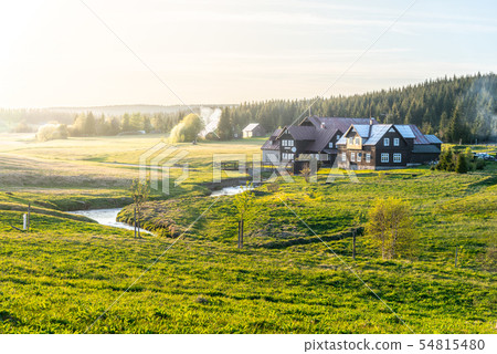 Jizerka village at sunset time. View from Bukovec Mountain, Jizera Mountains, Czech Republic 54815480