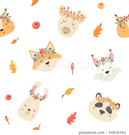 Cute seamless pattern with autumn animals in crown - Stock Illustration ...