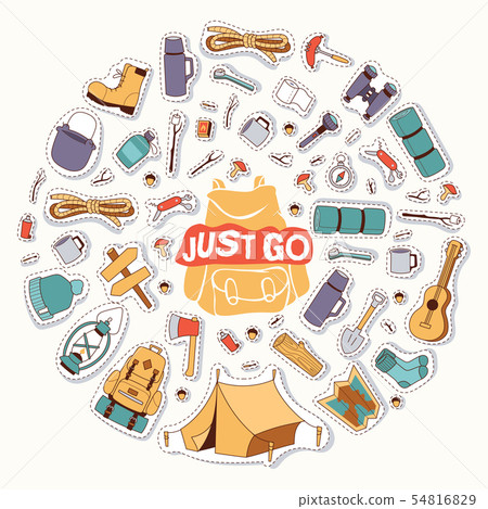 Camping stickers survival exploration just go tourism and hiking illustration. Tent backpack map Camping stickers survival exploration just go tourism and hiking illustration. Tent backpack map 54816829