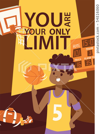 Basketball player in uniform with ball. Supplies for sport game. Basket, scoreboard. You are your Basketball player in uniform with ball. Supplies for sport game. Basket, scoreboard. You are your 54816860