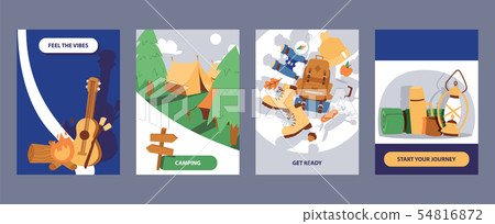 Camping cards set illustration. Cartoon hiking outdoor elements. Feel the vibes. Get ready. Start 54816872
