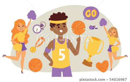 Basketball player bouncing ball in the gym with cheerleaders illustration. Smiling girls, boy in Basketball player bouncing ball in the gym with cheerleaders illustration. Smiling girls, boy in 54816967
