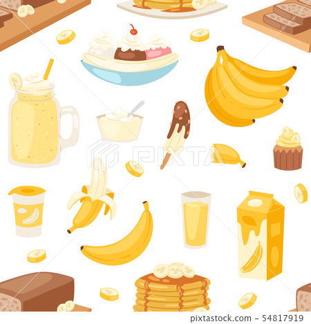 Banana set bananas products bread pancake or banana split with yellow cocktail and fruit in 54817919