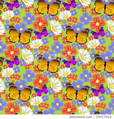 Nature flower and butterflies illustration seamless pattern background floral butterfly summer 54817924
