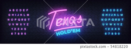 Texas hold'em neon sign. Glowing lettering template for poker club Texas hold'em neon sign. Glowing lettering template for poker club 54818220