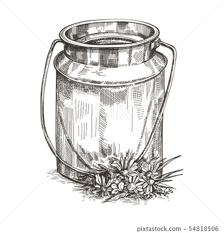 Vector image of milk can and wildflowers. Sketch style drawing. 54818506