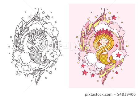 Gorgeous mermaid in a wreath of red starfish.  54819406