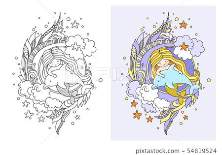 Little mermaid, floating with dolphin. Little mermaid, floating with dolphin. 54819524