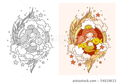 Lovely princess mermaid with two golden fish. Lovely princess mermaid with two golden fish. 54819613