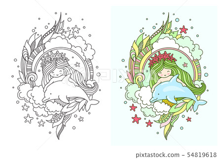 Kawaii green-haired mermaid in a wreath. Kawaii green-haired mermaid in a wreath. 54819618
