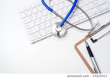 Stethoscope keyboard clipboard medical top view flatlay stethoscope layout long-term care Stethoscope keyboard clipboard medical top view flatlay stethoscope layout long-term care 54820421
