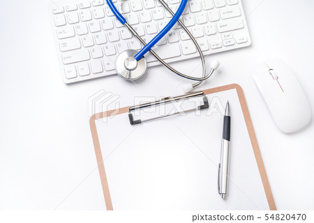 Stethoscope keyboard clipboard medical top view flatlay stethoscope layout long-term care 54820470