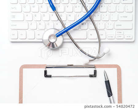 Stethoscope keyboard clipboard medical top view flatlay stethoscope layout long-term care 54820472