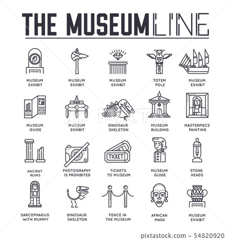 Set of museum building and objects thin line icons. 54820920