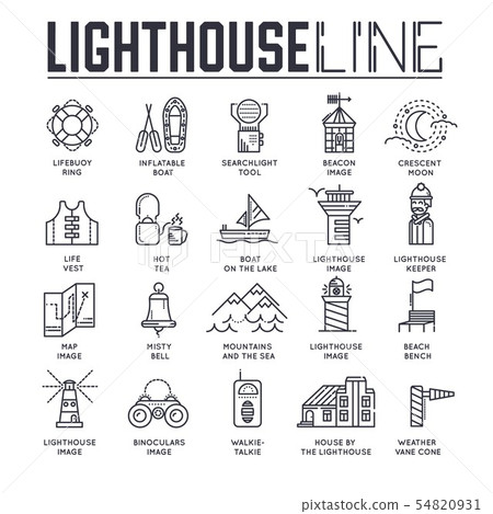 Set of lighthouses, lifeguard equipment thin line icons. Set of lighthouses, lifeguard equipment thin line icons. 54820931