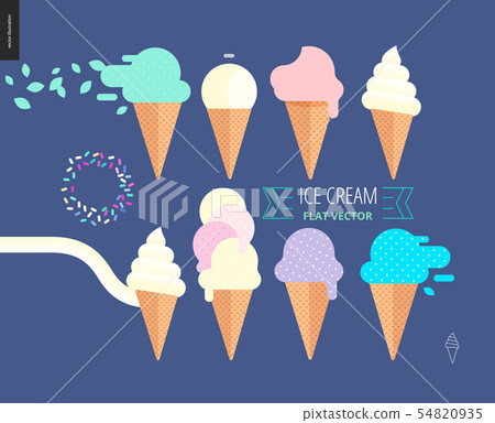 Ice cream scoops in waffle cones set on a dark blue background 54820935