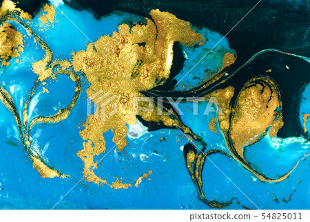 Liquid uneven blue and green marbling pattern with golden glitter and glare of light Liquid uneven blue and green marbling pattern with golden glitter and glare of light 54825011