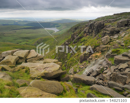 Kinder Downfall overlooking reservoir with wind blowing waterfall into the air, Peak District, UK Kinder Downfall overlooking reservoir with wind blowing waterfall into the air, Peak District, UK 54825103