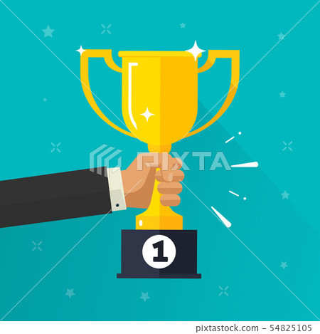 Winner success golden cup in hand vector illustration, flat cartoon award prize or achievement Winner success golden cup in hand vector illustration, flat cartoon award prize or achievement 54825105