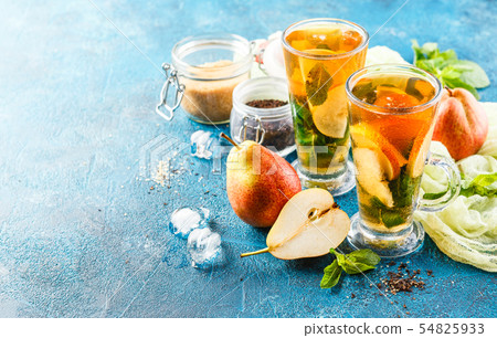 Ice tea with mint leaves and pear 54825933